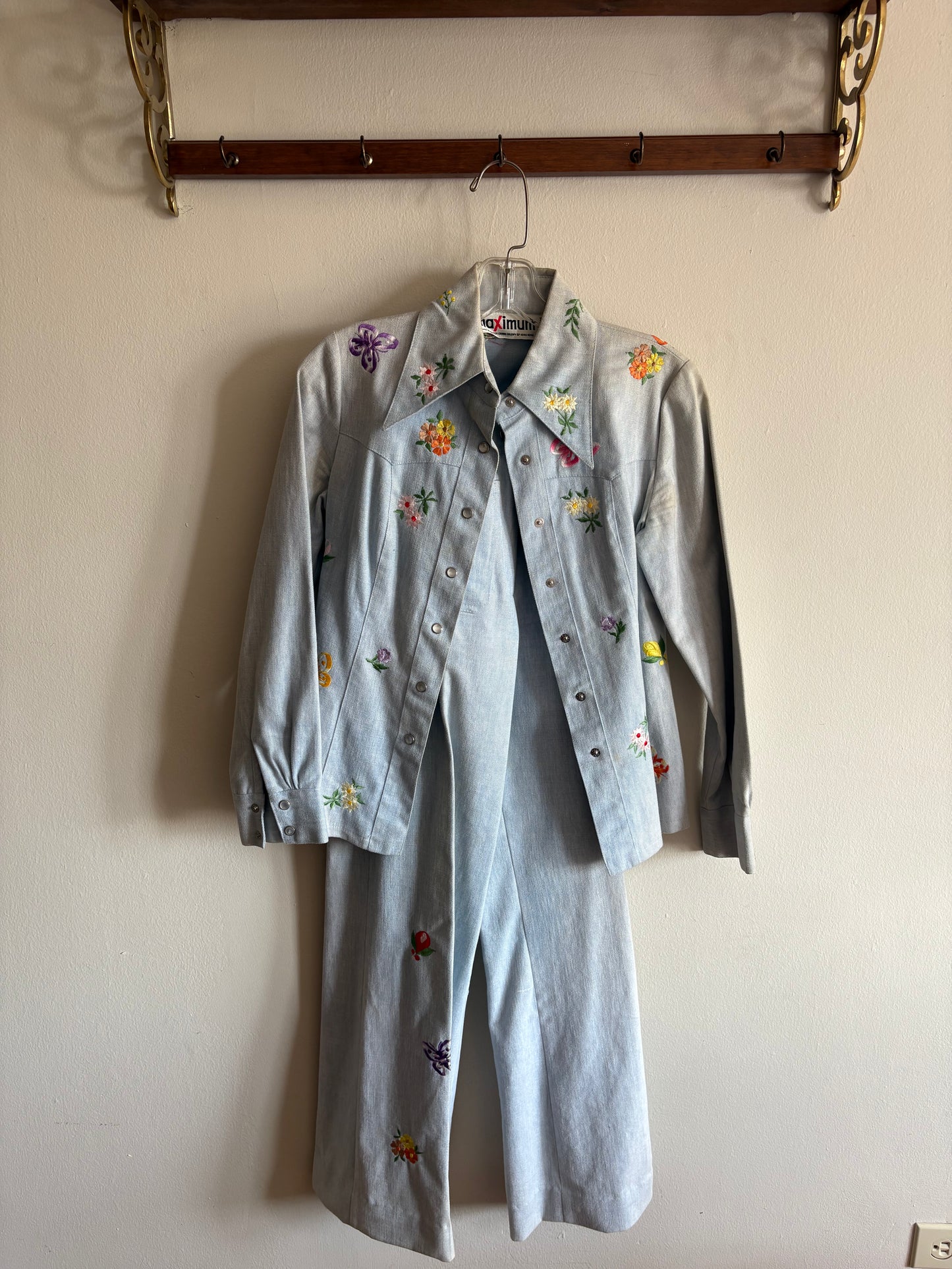 Vintage 1970s Embroidered Denim Western Style Pant Suit