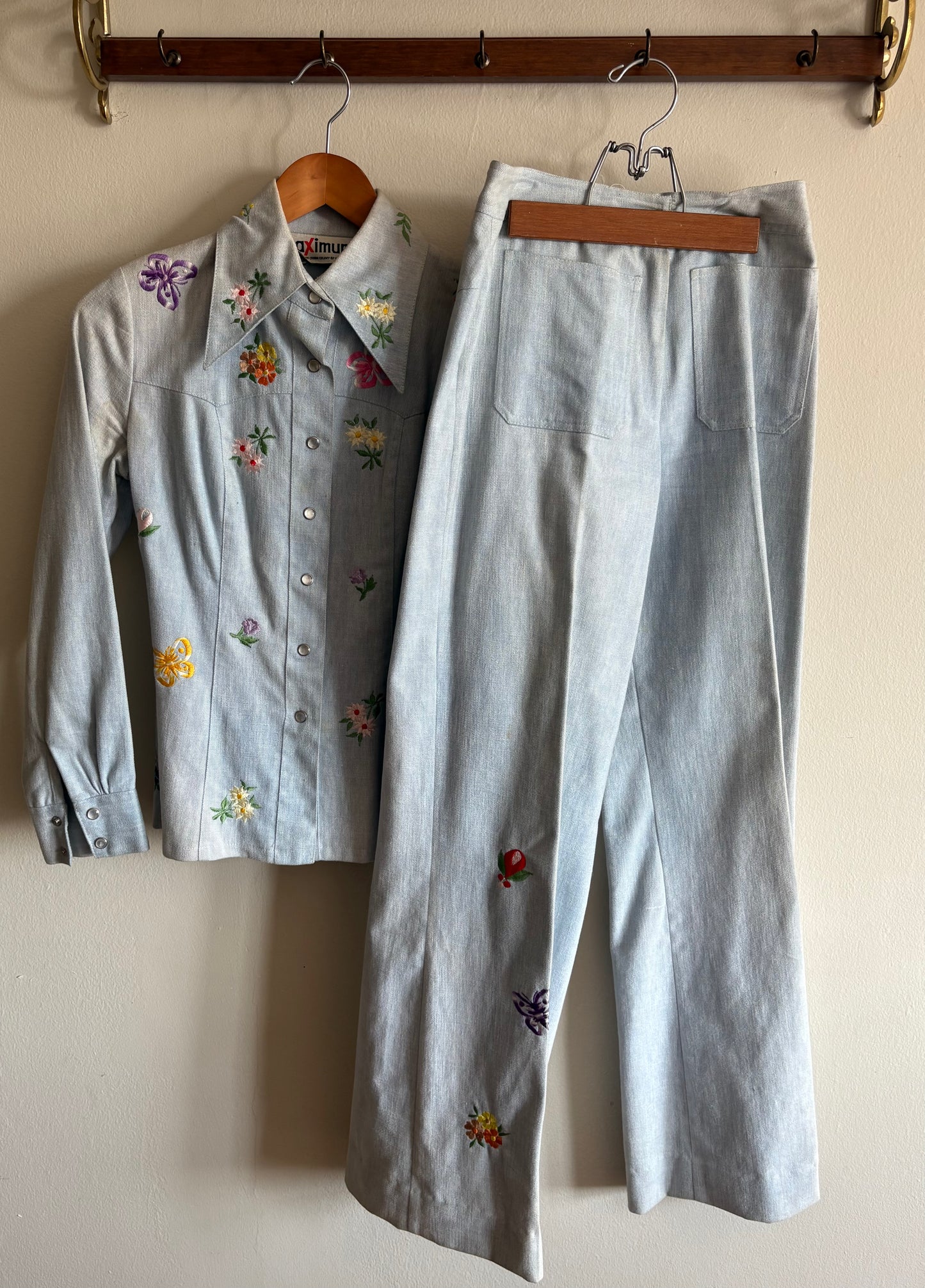 Vintage 1970s Embroidered Denim Western Style Pant Suit
