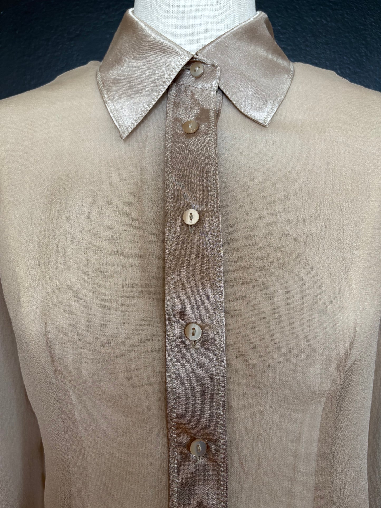 Vintage 1990s Silk Mesh Metallic Button Up Top