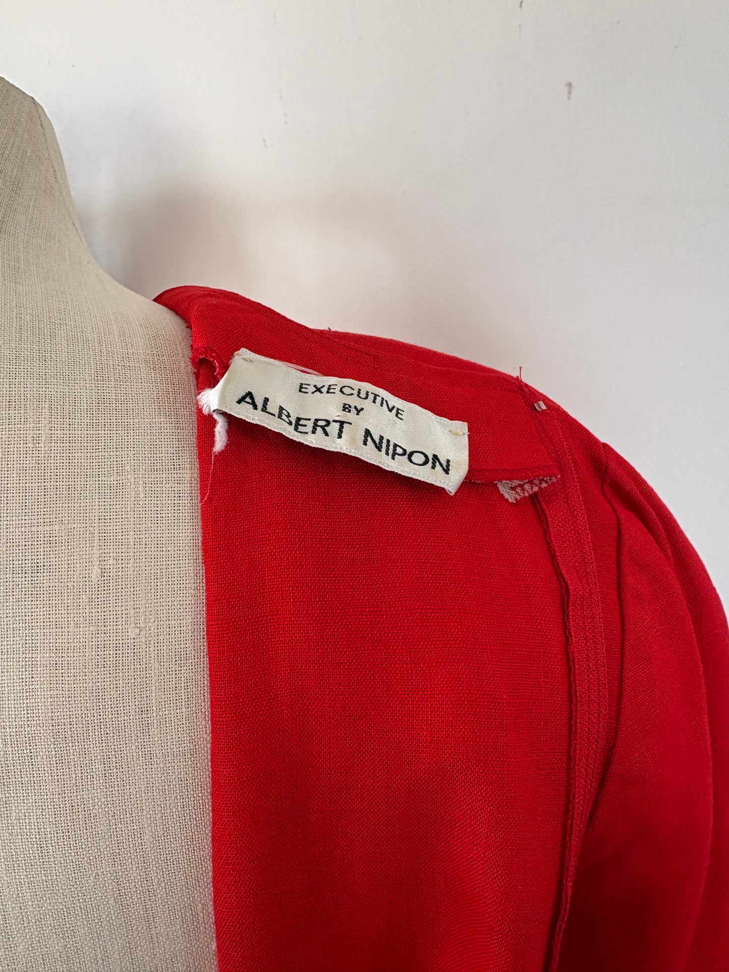 Vintage 1990s Red Silk Maggie London Front Tie Long Sleeve Dress