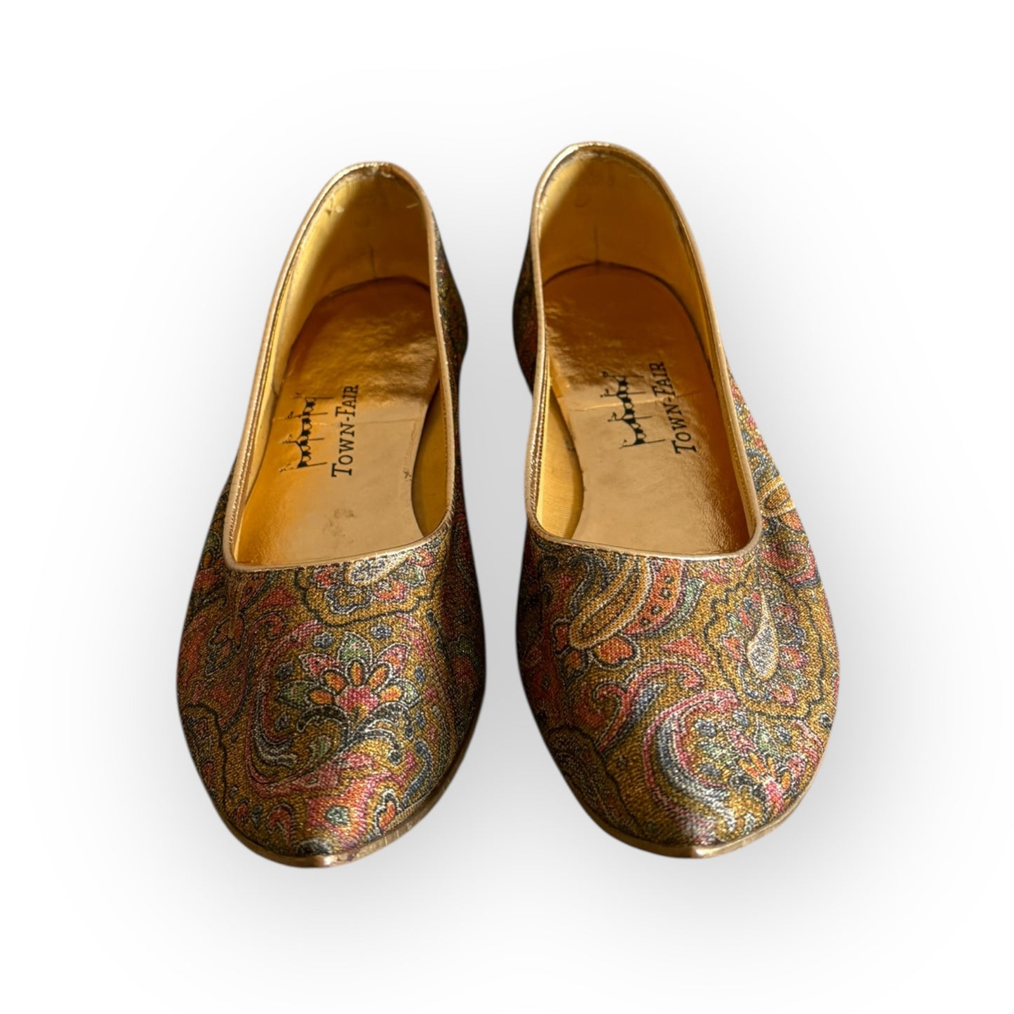 Vintage 1960s Gold Metallic Paisley Pointed Toe Flats