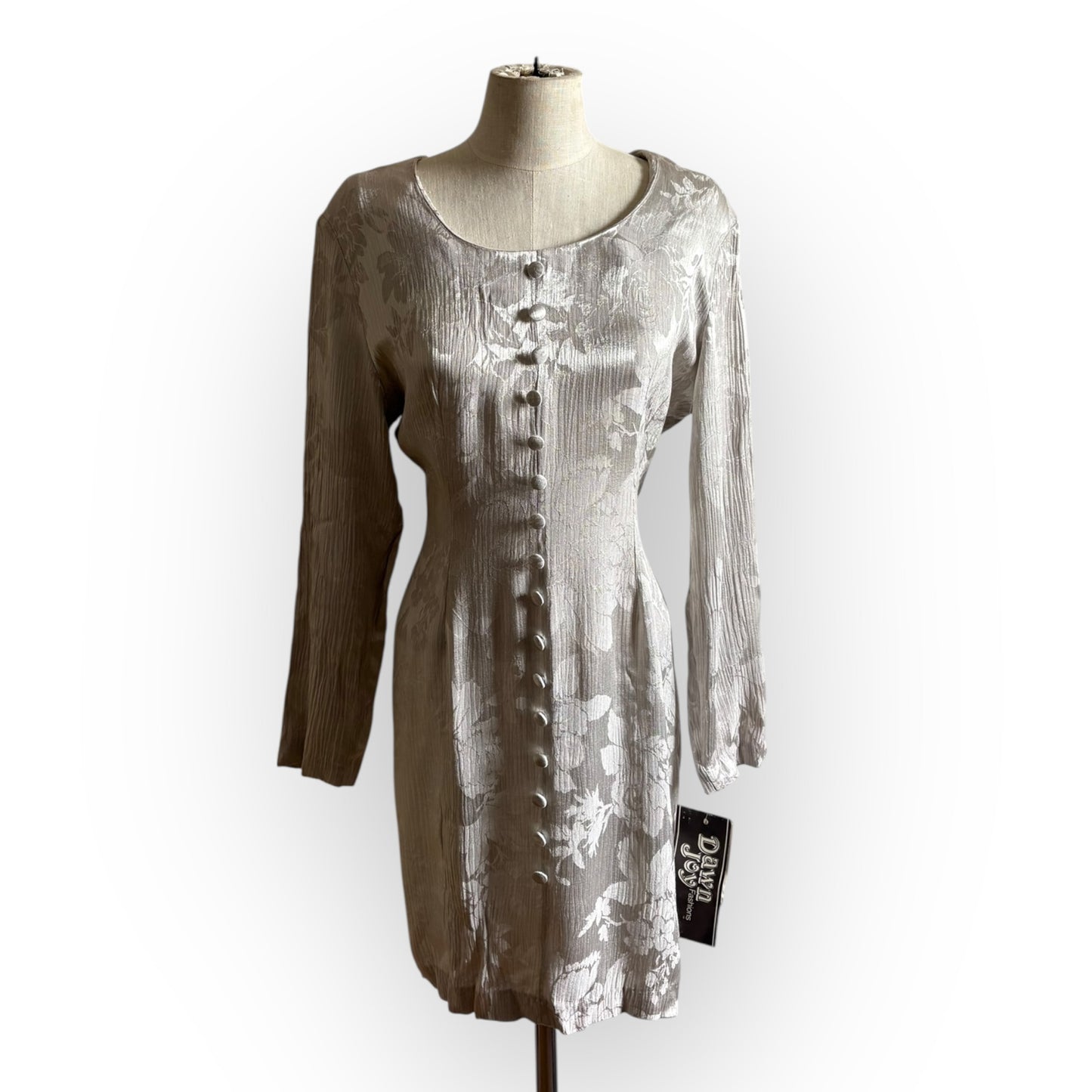 Vintage Deadstock 1990s Dawn Joy Metallic Silver Floral Mini Dress