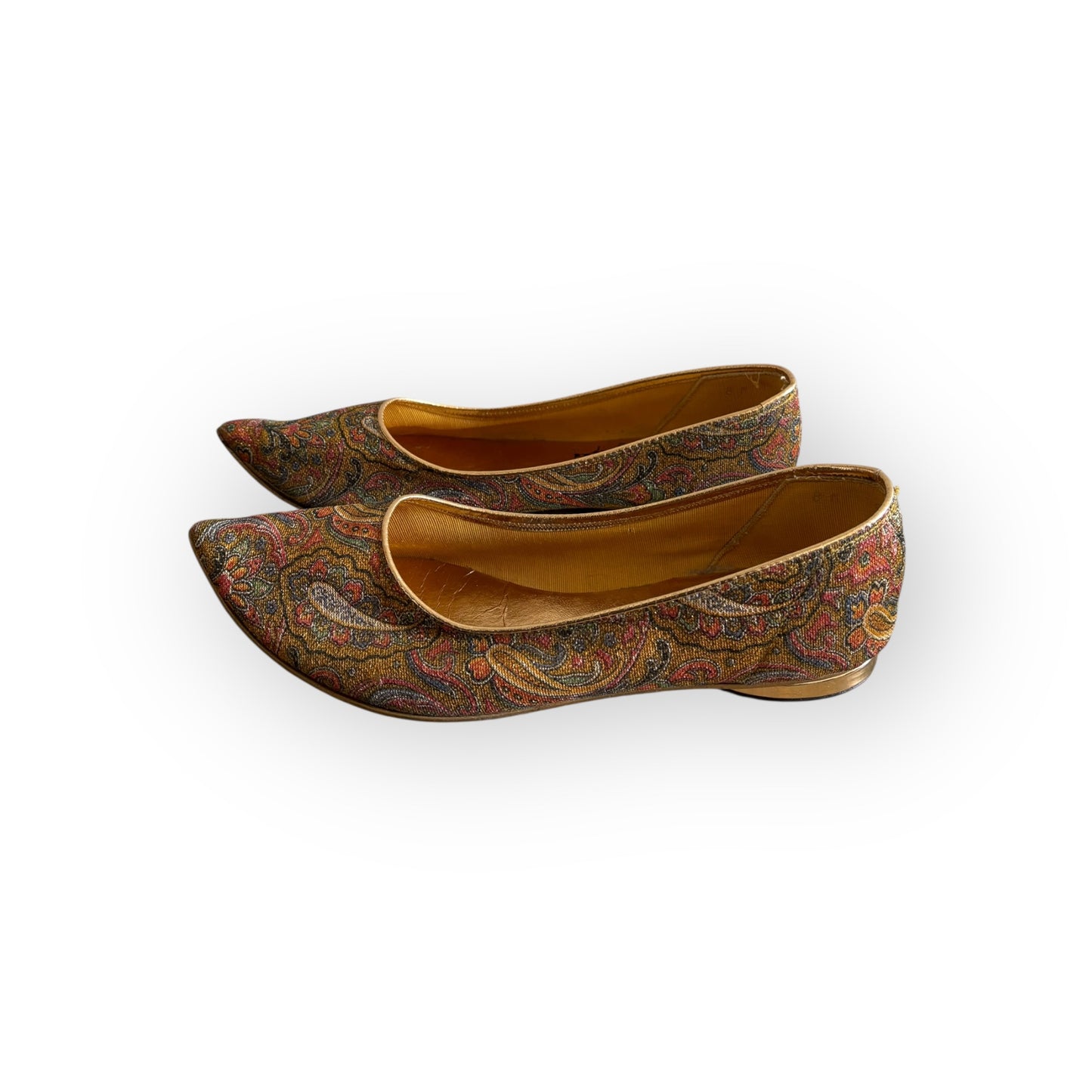 Vintage 1960s Gold Metallic Paisley Pointed Toe Flats
