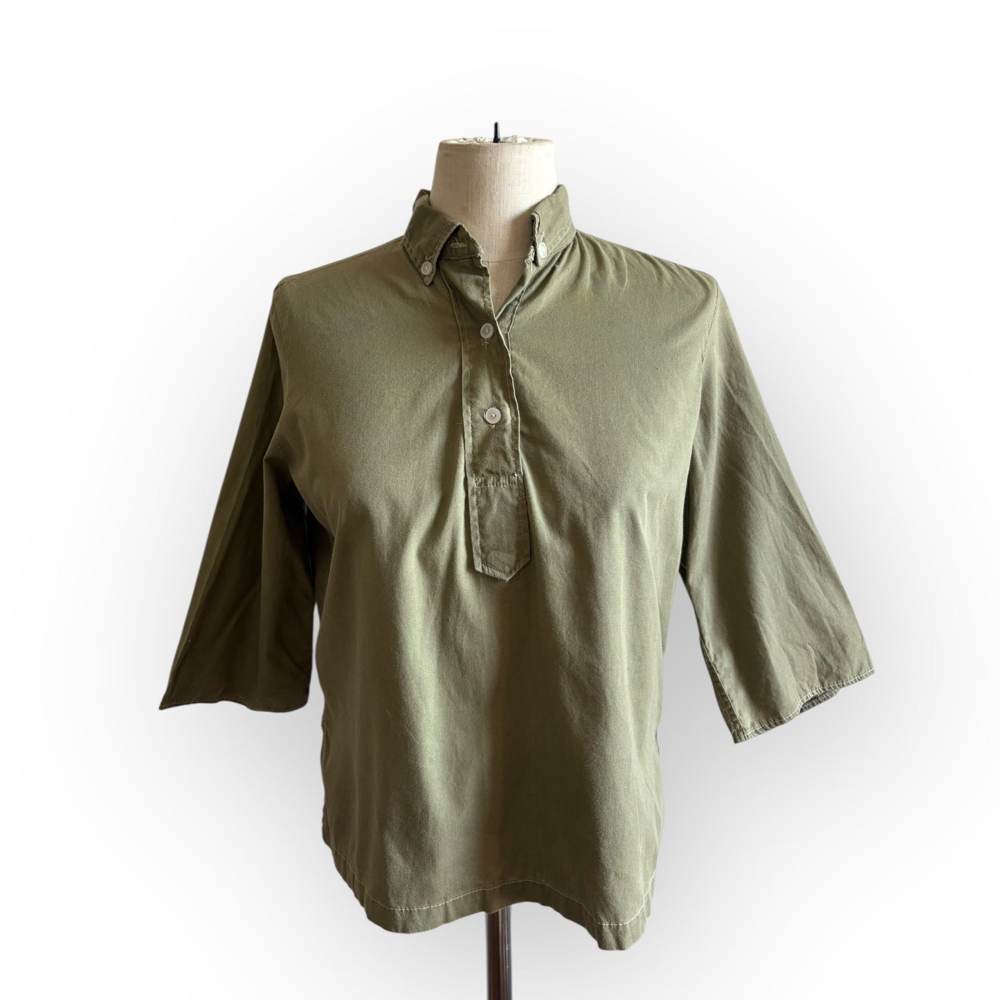 Vintage 1960s Olive Green Cotton 3/4 Sleeve Blouse