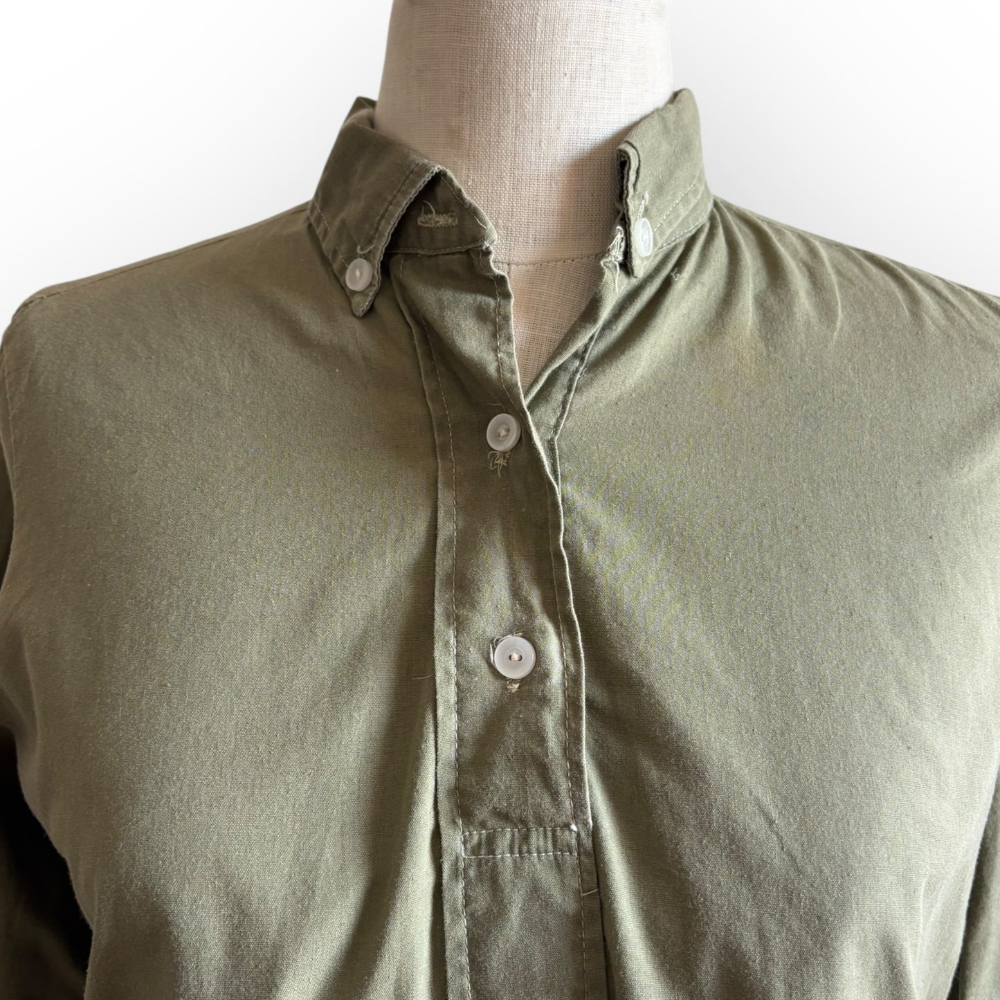 Vintage 1960s Olive Green Cotton 3/4 Sleeve Blouse