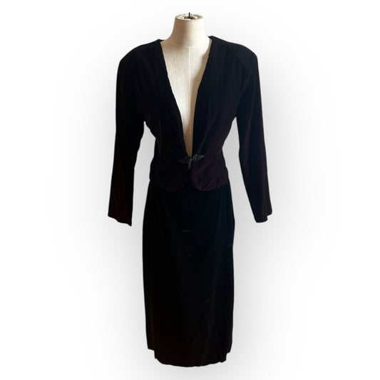 Vintage 1980s Black Velvet Two Piece Skirt Set