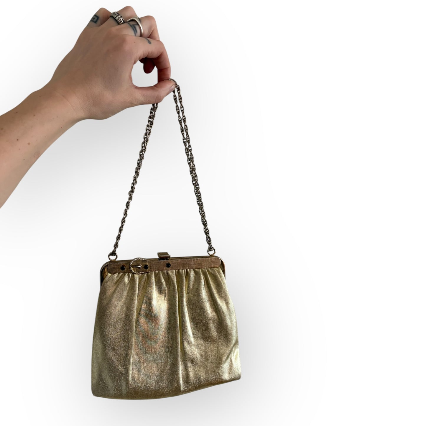Vintage 1960s Metallic Gold Chain Strap Buckle Evening Bag