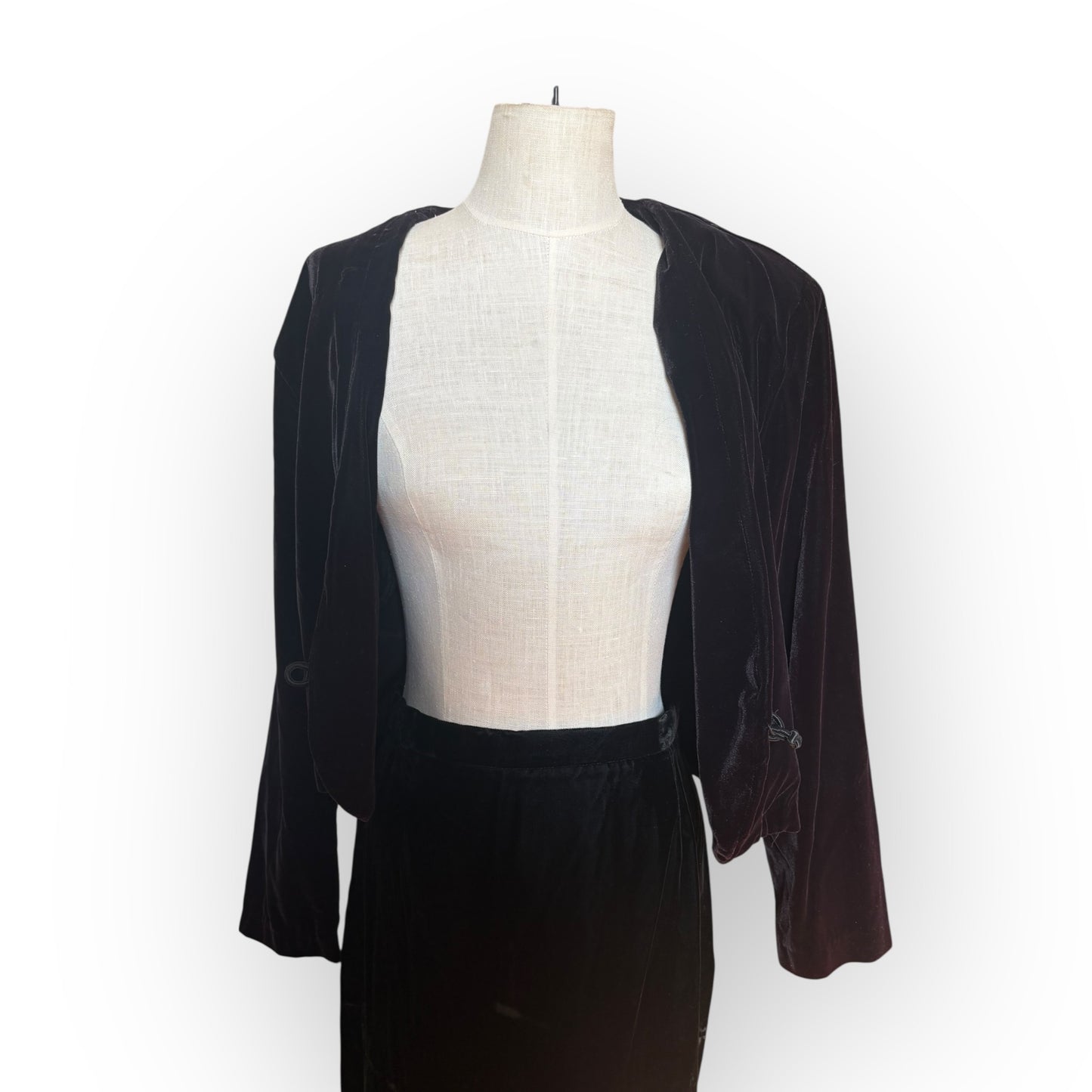 Vintage 1980s Black Velvet Two Piece Skirt Set