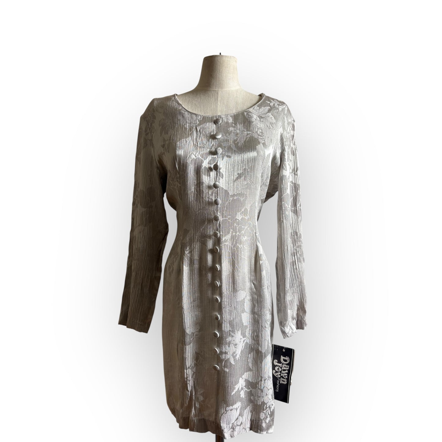Vintage Deadstock 1990s Dawn Joy Metallic Silver Floral Mini Dress