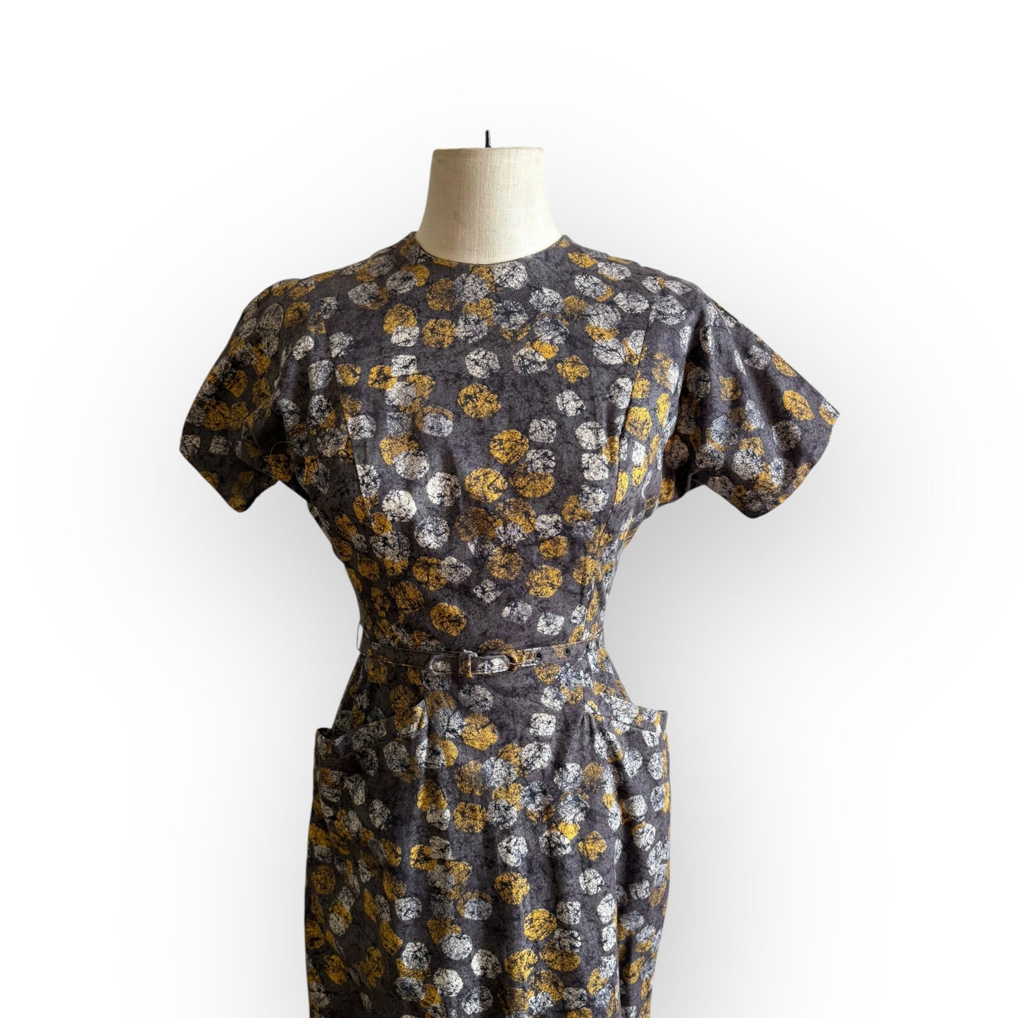 Vintage 1950s J. White Short Sleeve Dress with Belt and Pockets