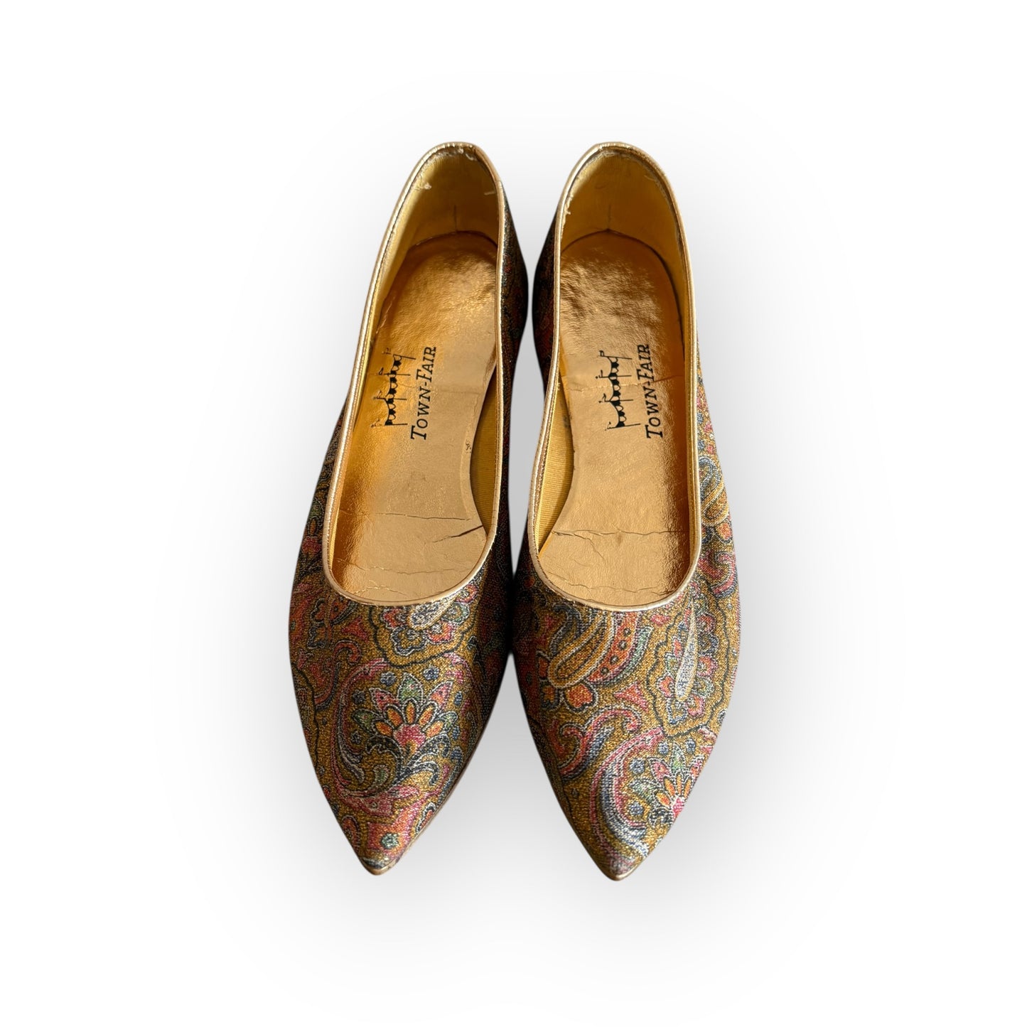 Vintage 1960s Gold Metallic Paisley Pointed Toe Flats