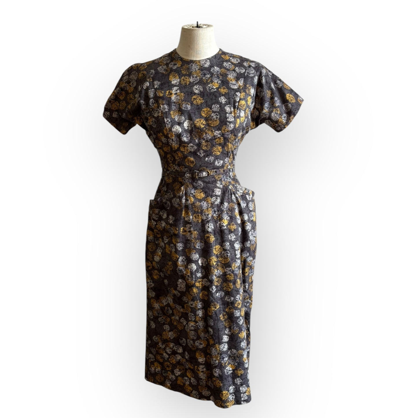 Vintage 1950s J. White Short Sleeve Dress with Belt and Pockets