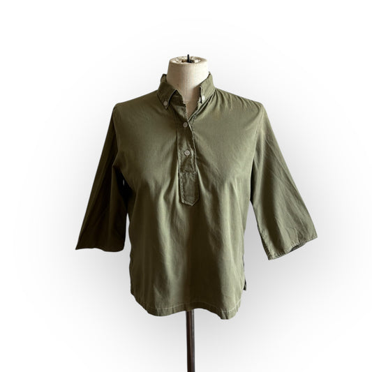 Vintage 1960s Olive Green Cotton 3/4 Sleeve Blouse