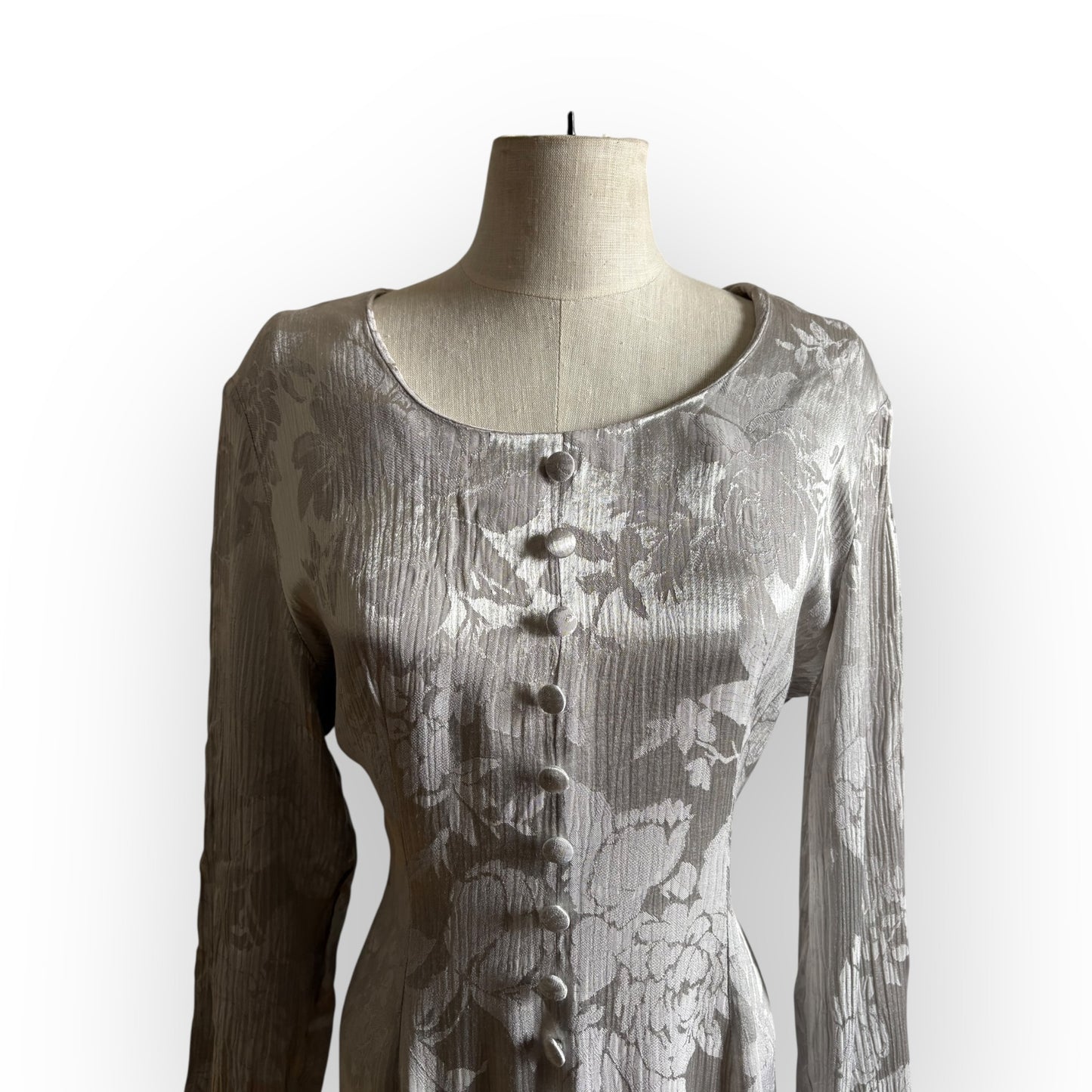 Vintage Deadstock 1990s Dawn Joy Metallic Silver Floral Mini Dress