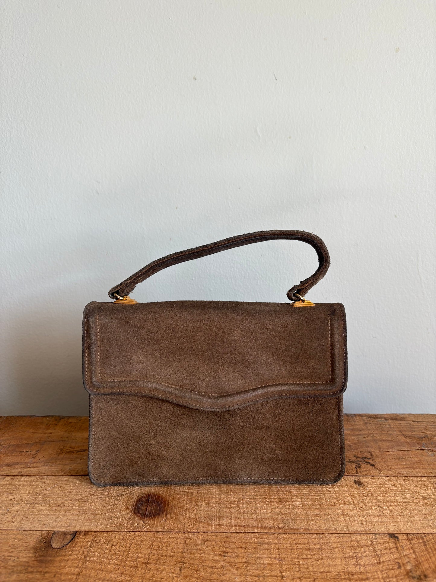 Vintage 1960s Suede Handbag with Coin Purse & Mirror