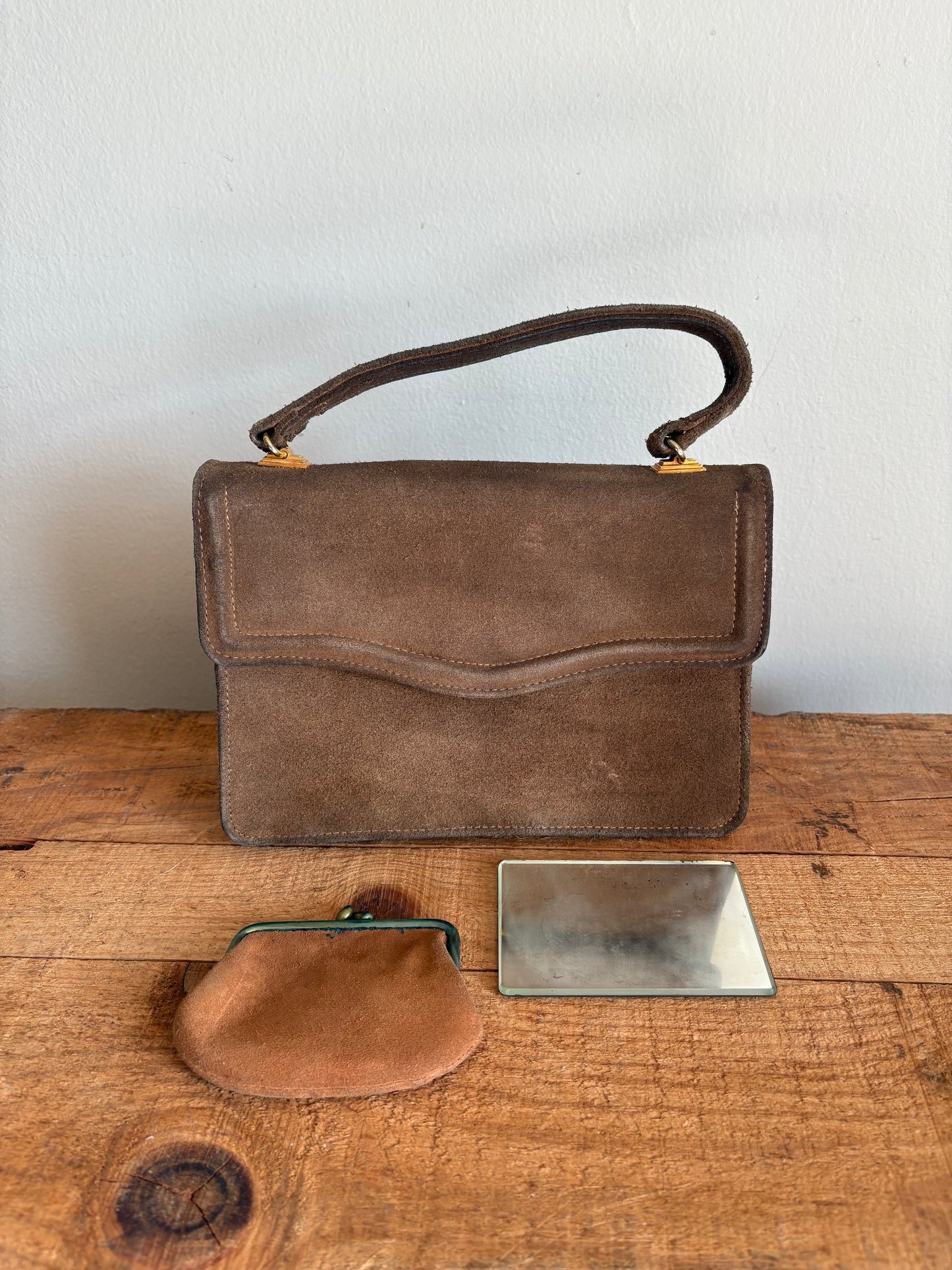 Vintage 1960s Suede Handbag with Coin Purse & Mirror