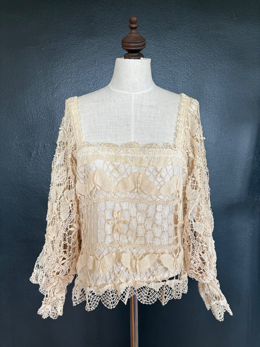 Vintage 1970s O'Susanna Boho Cotton & Lace Top
