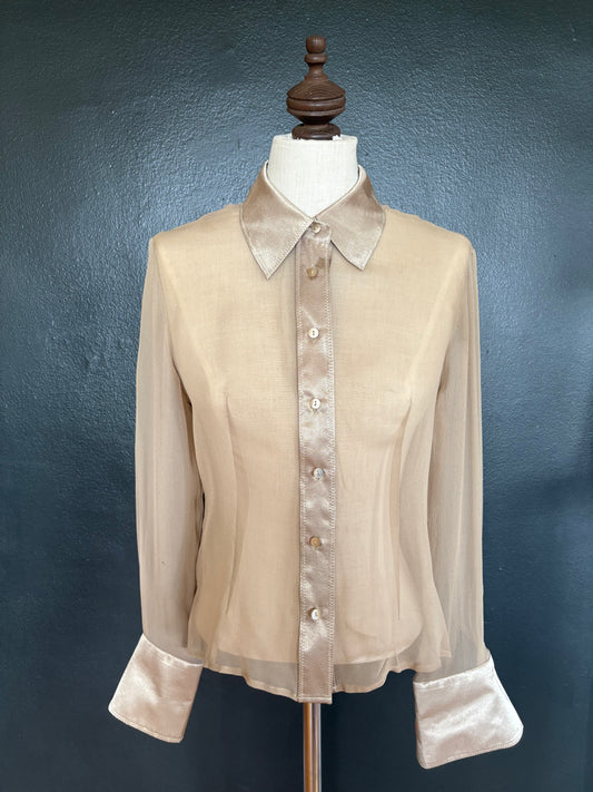Vintage 1990s Silk Mesh Metallic Button Up Top