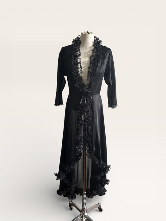 Vintage Fredericks of Hollywood Black Lace Trim Boudoir Robe