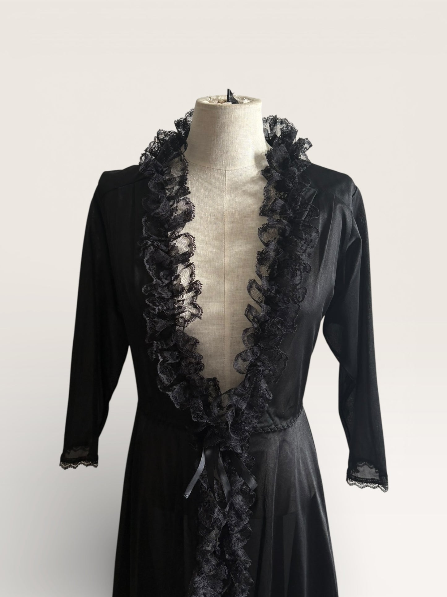 Vintage Fredericks of Hollywood Black Lace Trim Boudoir Robe