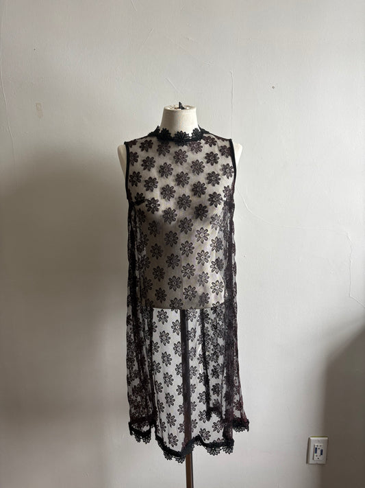 Vintage 1990s Black Lace Mesh Sleeveless Babydoll Shift Cover