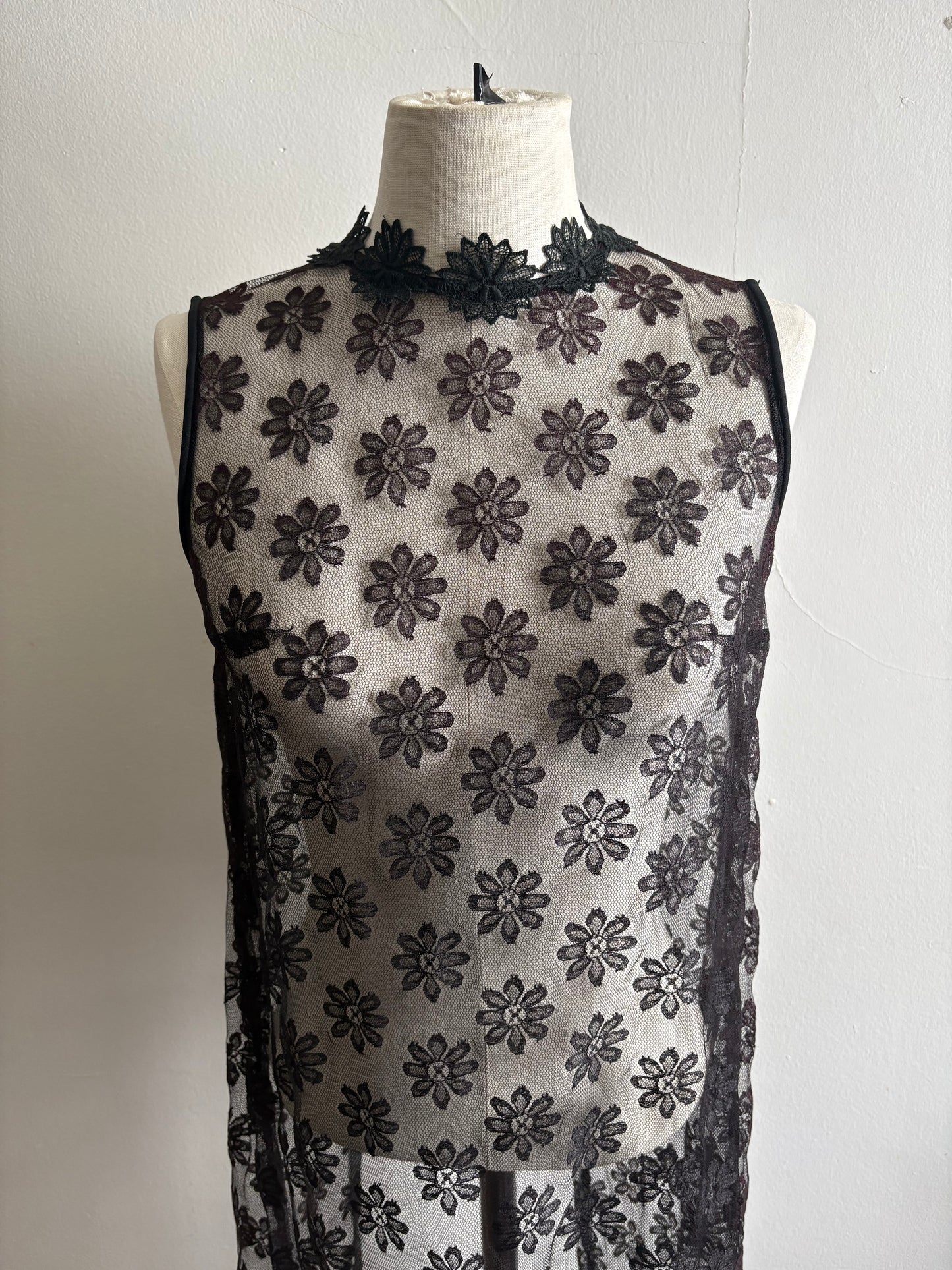 Vintage 1990s Black Lace Mesh Sleeveless Babydoll Shift Cover