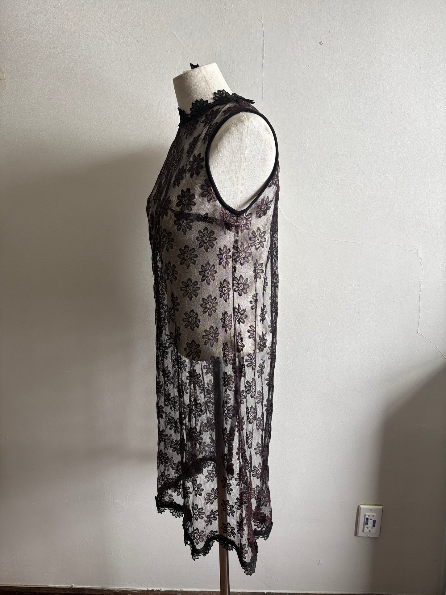 Vintage 1990s Black Lace Mesh Sleeveless Babydoll Shift Cover