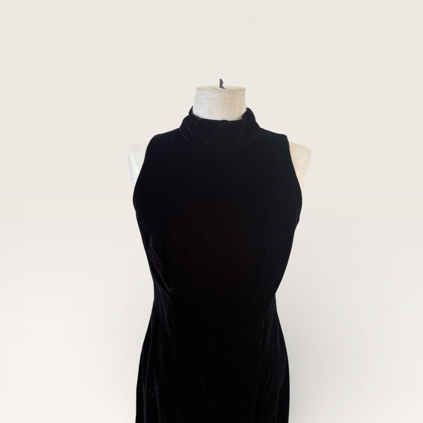 Vintage 1990s Black Velvet MODA INTL Sleeveless High Neck Minidress
