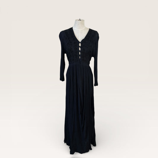 Vintage 1990s Danicci Boho Black Maxi Dress Embroidered Bodice