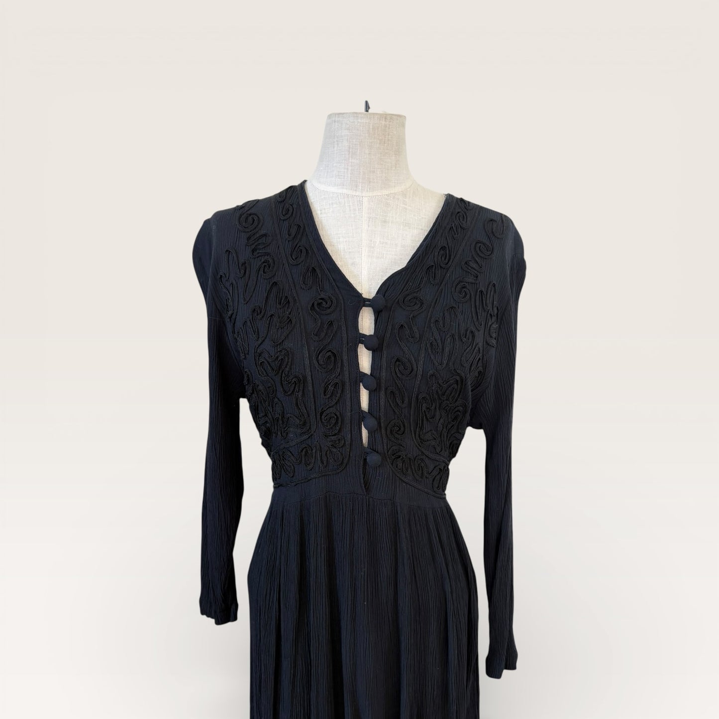 Vintage 1990s Danicci Boho Black Maxi Dress Embroidered Bodice