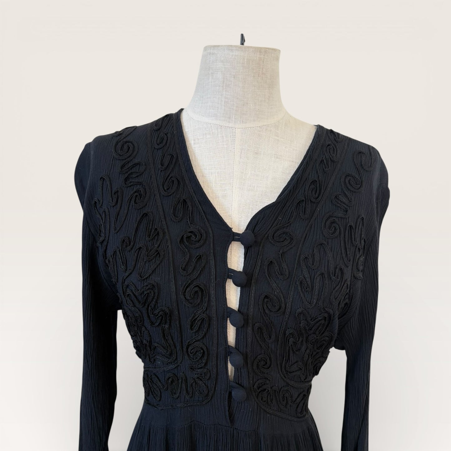 Vintage 1990s Danicci Boho Black Maxi Dress Embroidered Bodice