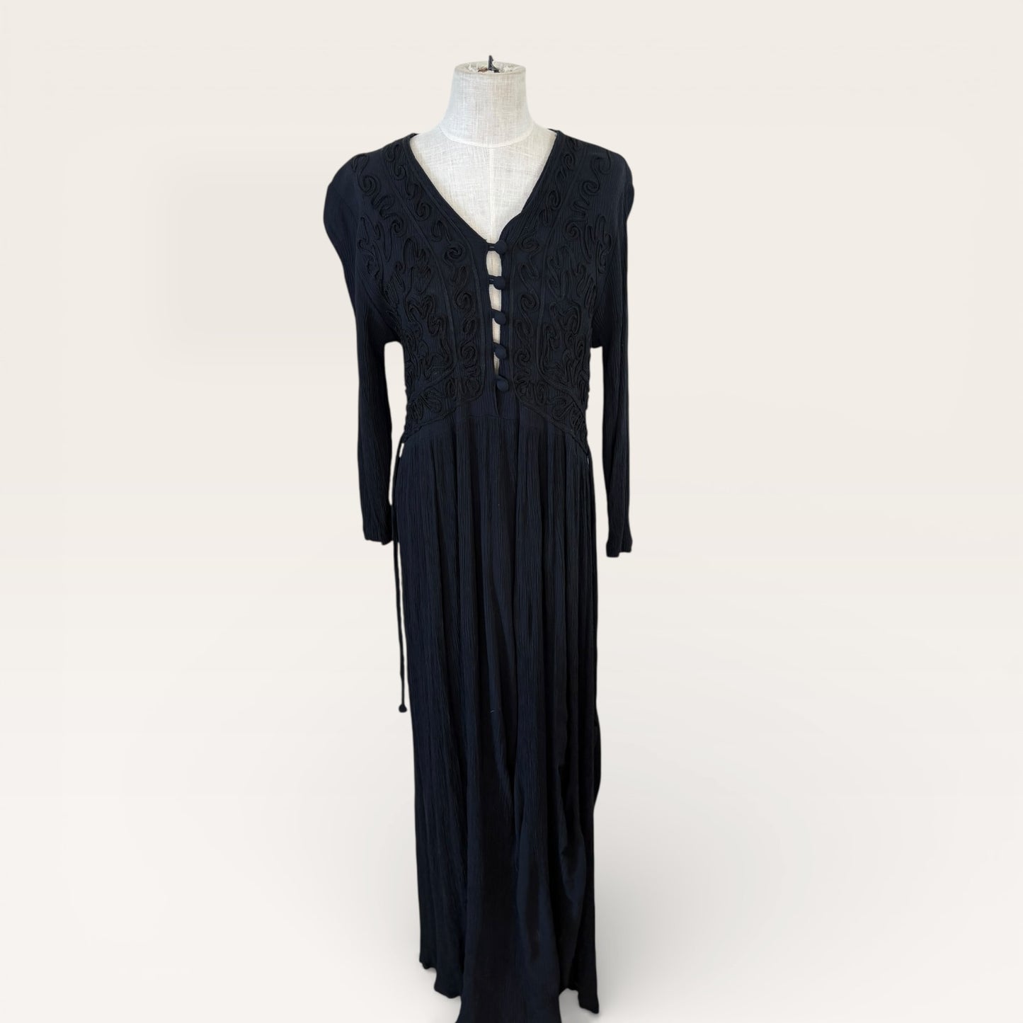 Vintage 1990s Danicci Boho Black Maxi Dress Embroidered Bodice