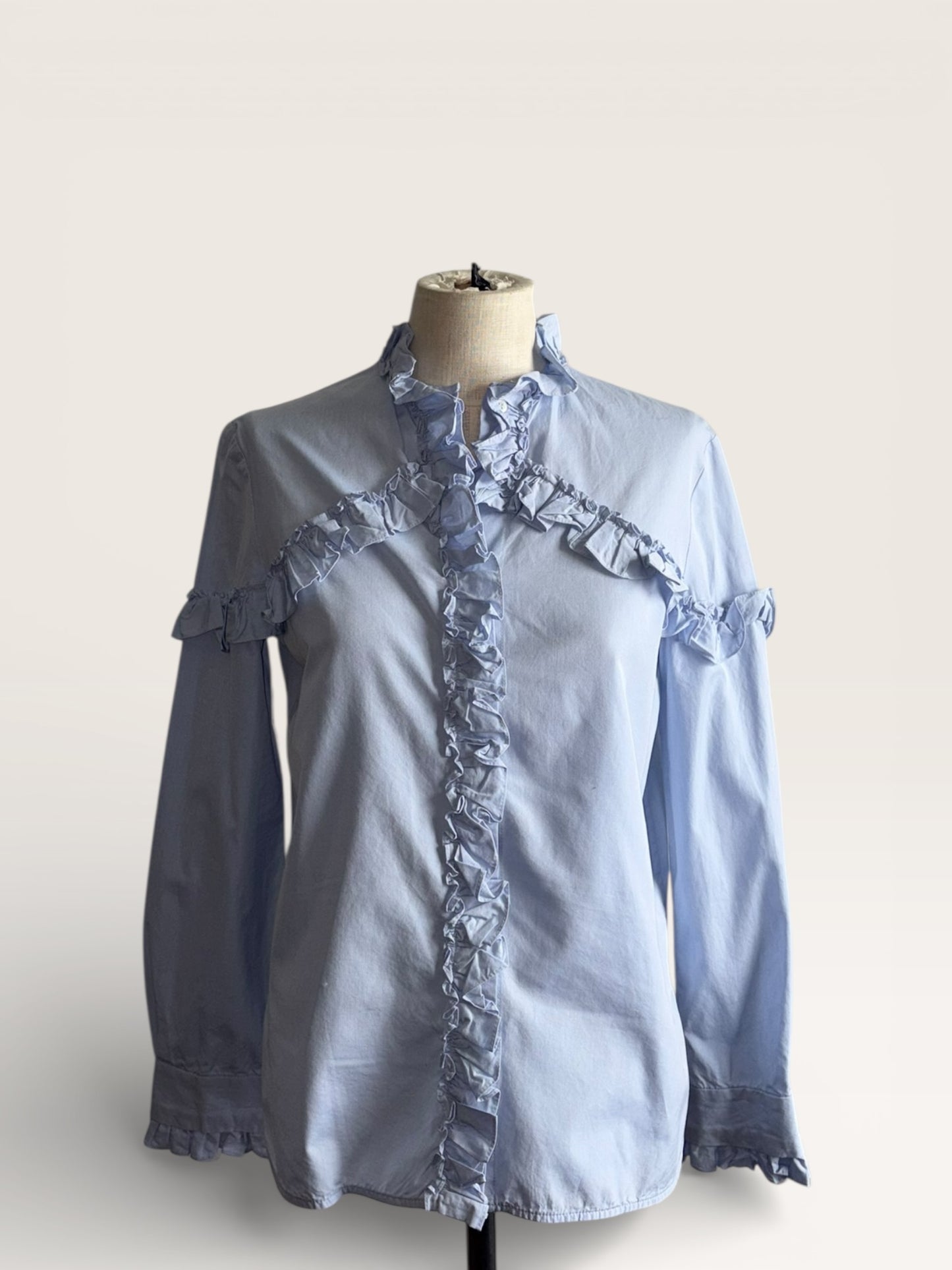 Sandro Paris Cotton Blue Ruffle Blouse