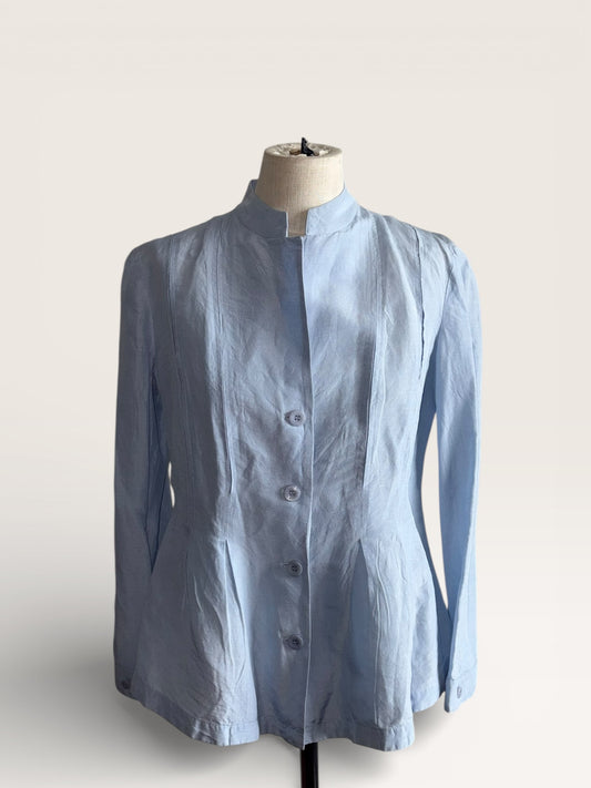 Vintage Armani Collezioni Mandarin Collar Pintuck Blue Linen Blouse