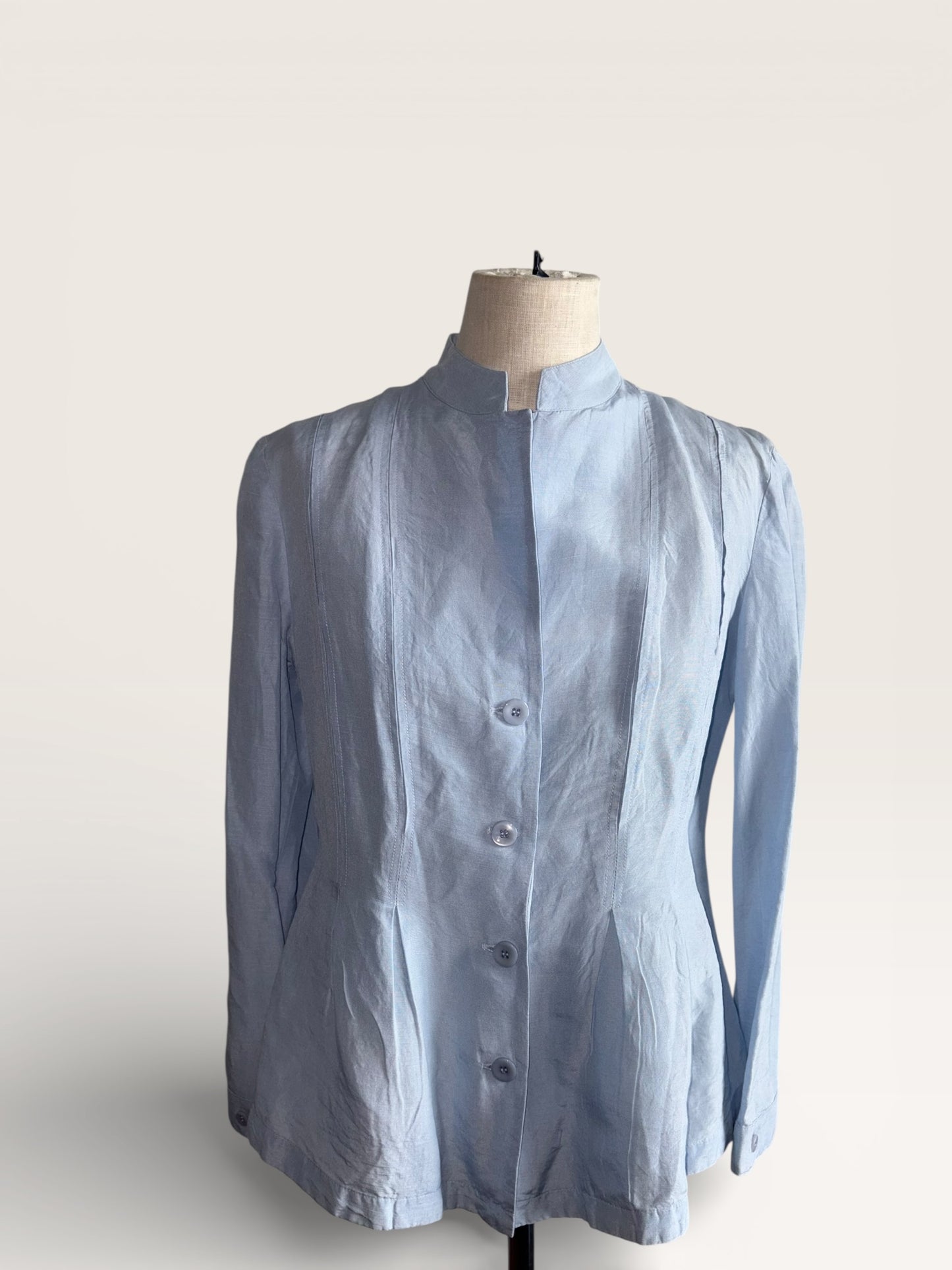 Vintage Armani Collezioni Mandarin Collar Pintuck Blue Linen Blouse