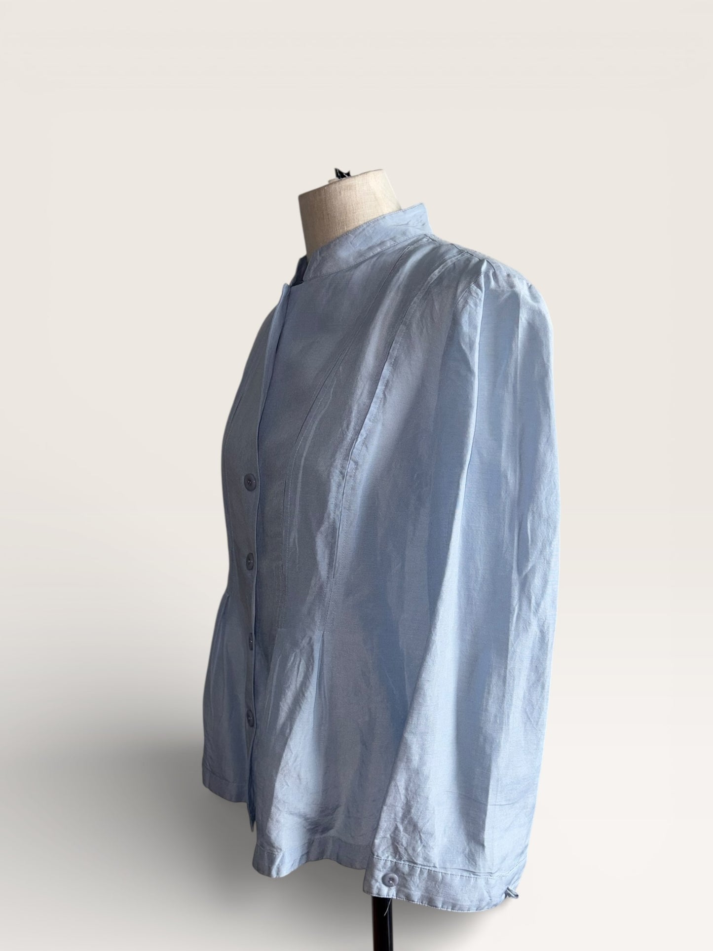 Vintage Armani Collezioni Mandarin Collar Pintuck Blue Linen Blouse