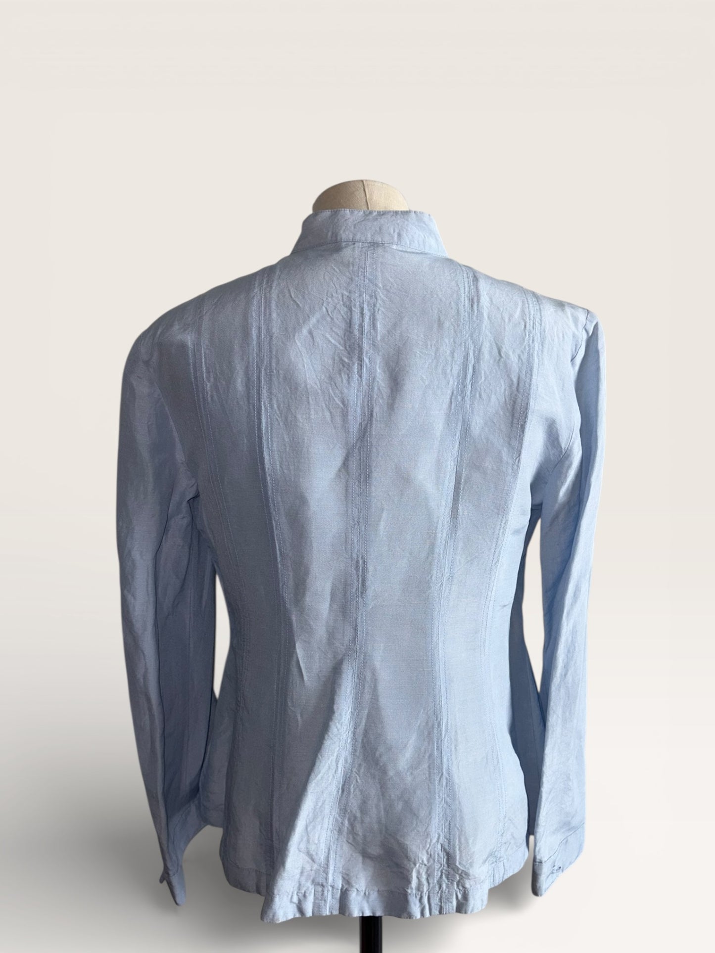 Vintage Armani Collezioni Mandarin Collar Pintuck Blue Linen Blouse