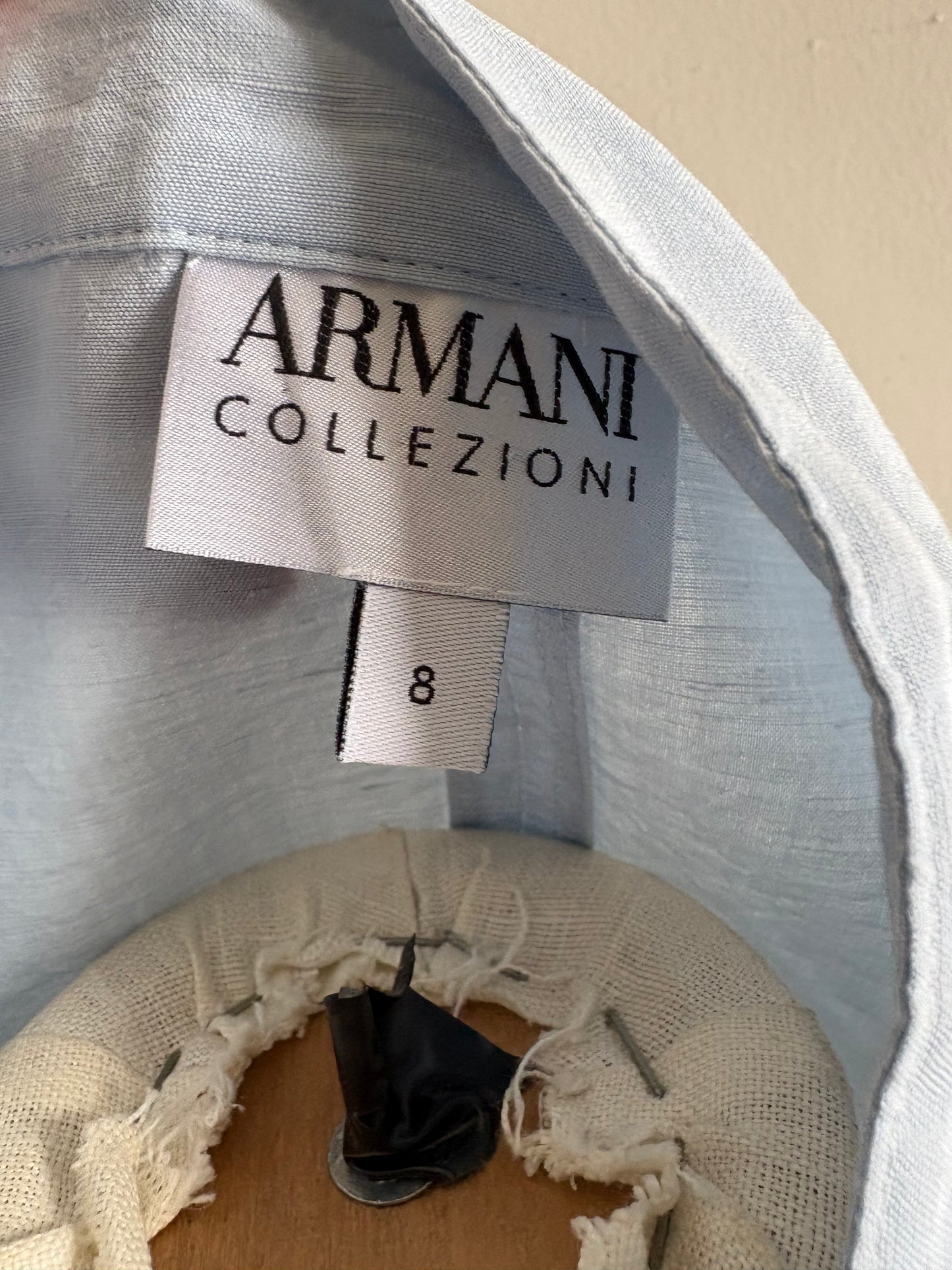 Vintage Armani Collezioni Mandarin Collar Pintuck Blue Linen Blouse