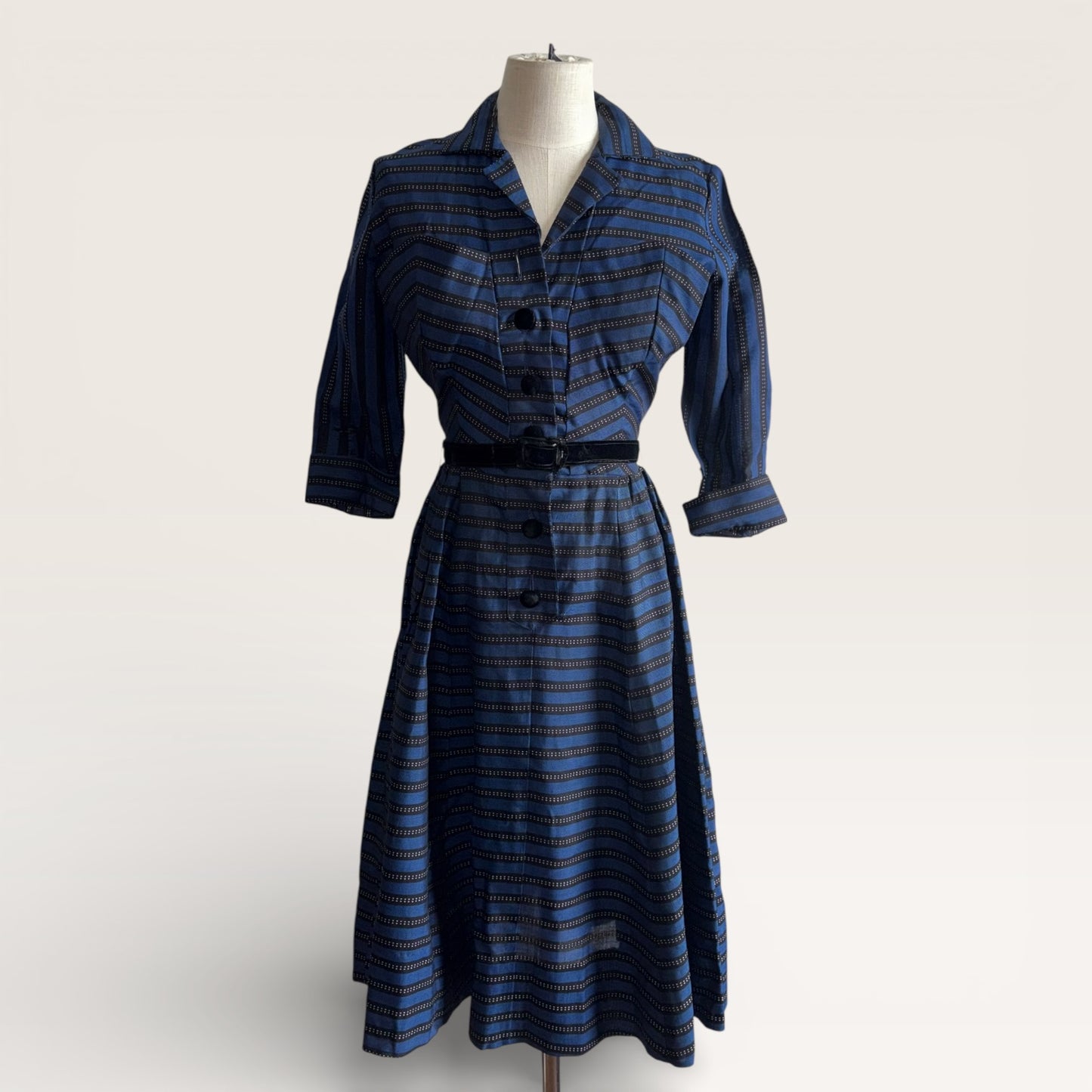 RARE Vintage 1950s Natlynn Junior Originals Blue and Black Striped Taffeta Dress with Velvet Buttons and Belt