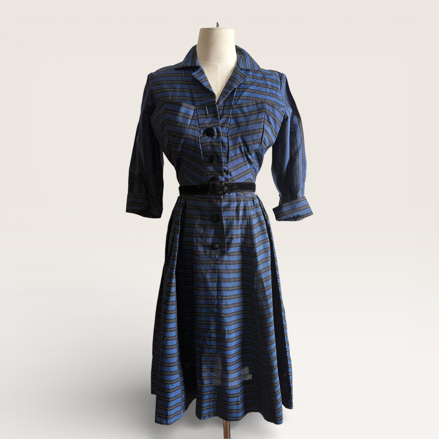 RARE Vintage 1950s Natlynn Junior Originals Blue and Black Striped Taffeta Dress with Velvet Buttons and Belt