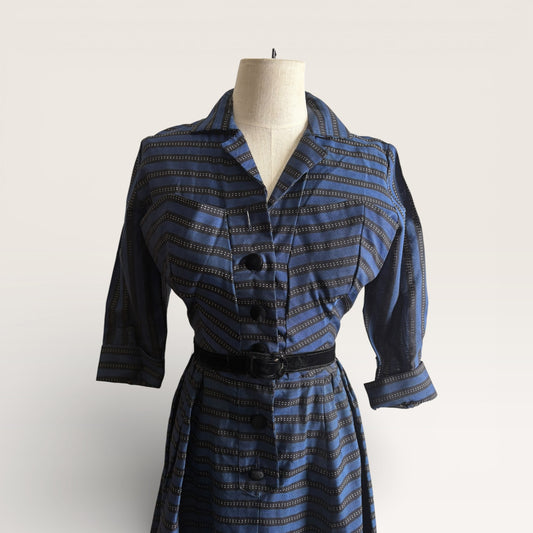RARE Vintage 1950s Natlynn Junior Originals Blue and Black Striped Taffeta Dress with Velvet Buttons and Belt