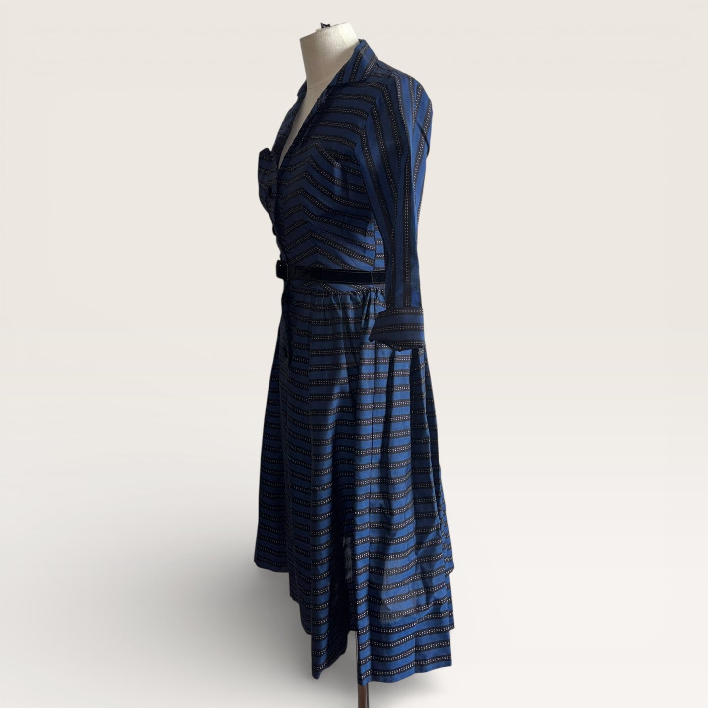 RARE Vintage 1950s Natlynn Junior Originals Blue and Black Striped Taffeta Dress with Velvet Buttons and Belt