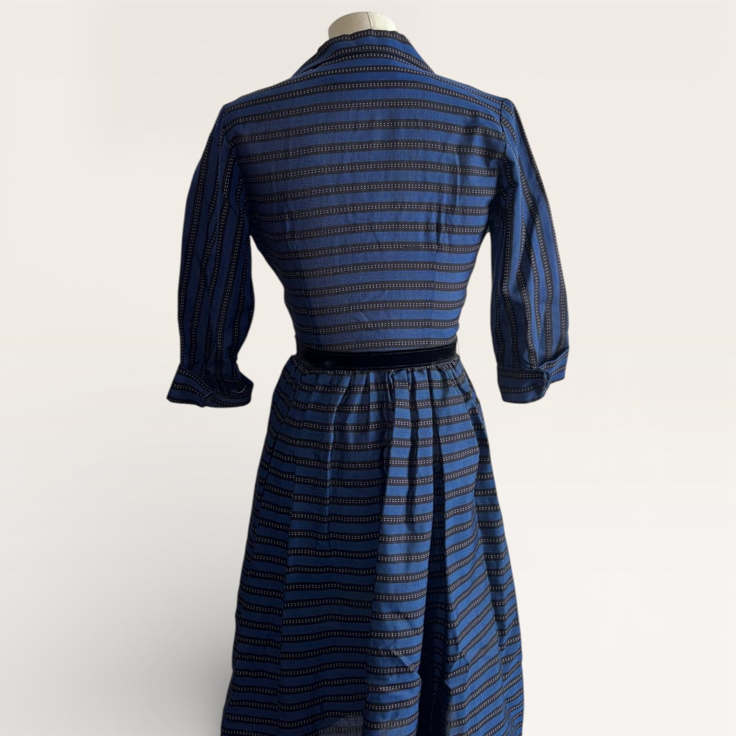 RARE Vintage 1950s Natlynn Junior Originals Blue and Black Striped Taffeta Dress with Velvet Buttons and Belt