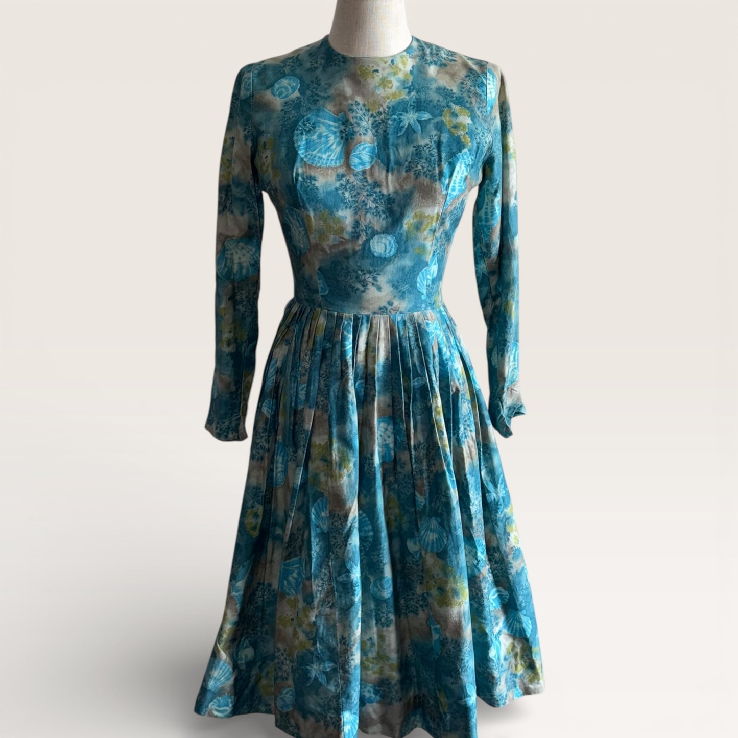 Vintage 1950s Midi Length Blue Floral Pleated Dress