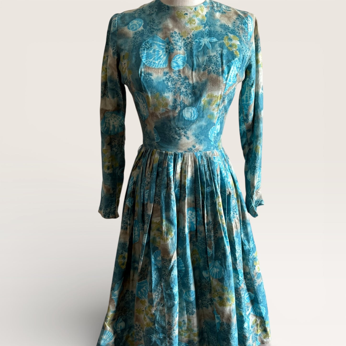 Vintage 1950s Midi Length Blue Floral Pleated Dress