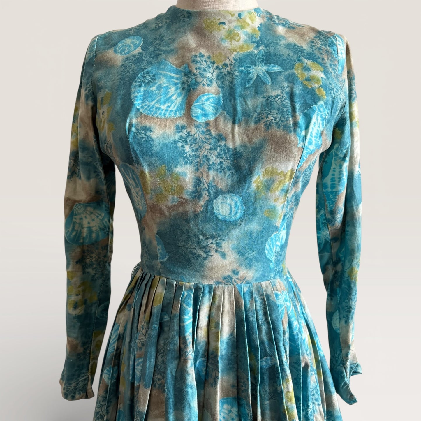 Vintage 1950s Midi Length Blue Floral Pleated Dress