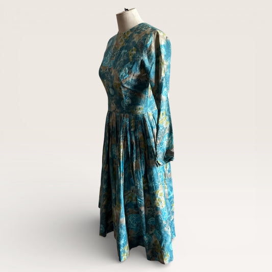Vintage 1950s Midi Length Blue Floral Pleated Dress