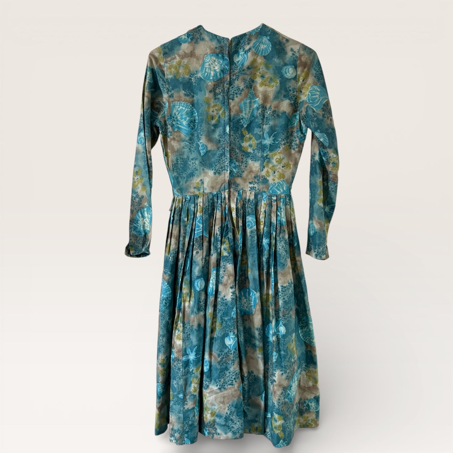 Vintage 1950s Midi Length Blue Floral Pleated Dress