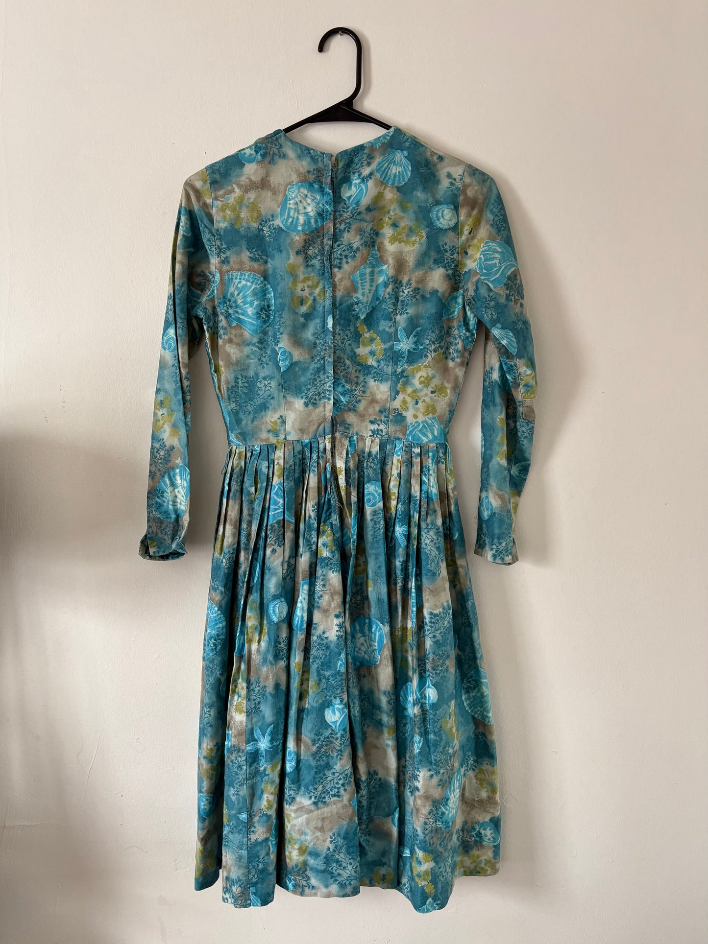 Vintage 1950s Midi Length Blue Floral Pleated Dress