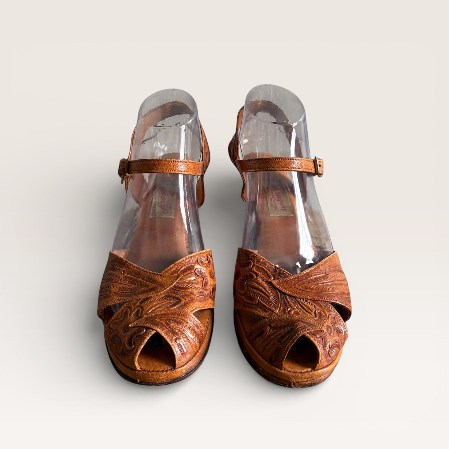 RARE Vintage 1940s Tooled Floral Mexcan Leather Peep Toe Platform Sandals